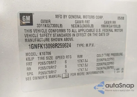 2008 Chevrolet Tahoe Lt из США, поврежденный, VIN 1GNFK13098R259624